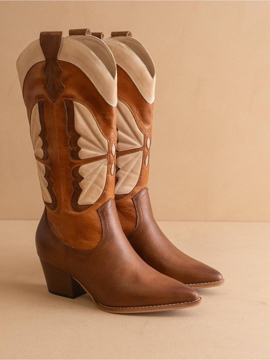 Oasis Society Shoes - The Fairy | Camel Western Boot in Suede with Inlay